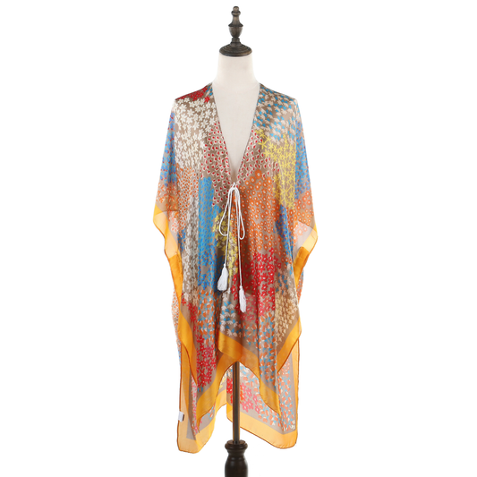 Small Floral Print Silk Kimono - Orange
