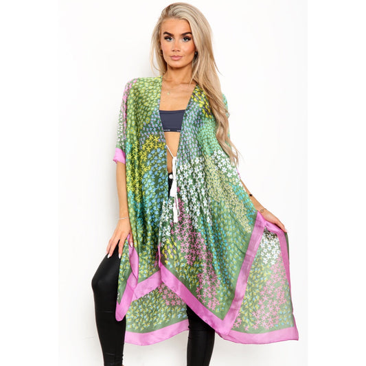 Small Floral Print Silk Kimono - Green