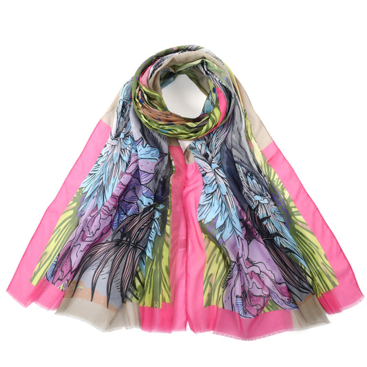 Horse & Flower Print Silk Blend Scarf