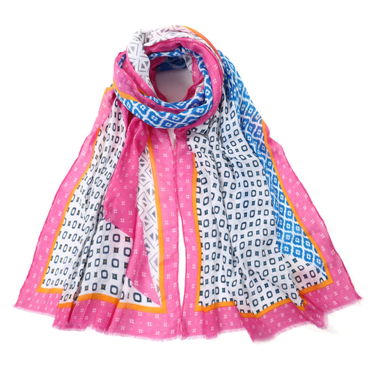 Geometric Design Scarf With Pink Border