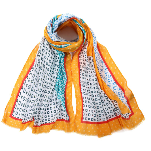 Geometric Design Scarf With Orange Border