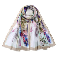 Beige Floral Print Silk Blend Scarf