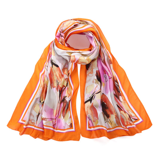 Orange & Pink Leaves  Print Silk Blend Scarf