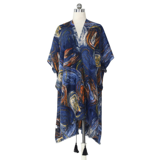 Blue Multicolour Swirl Pattern Soft Touch Kimono