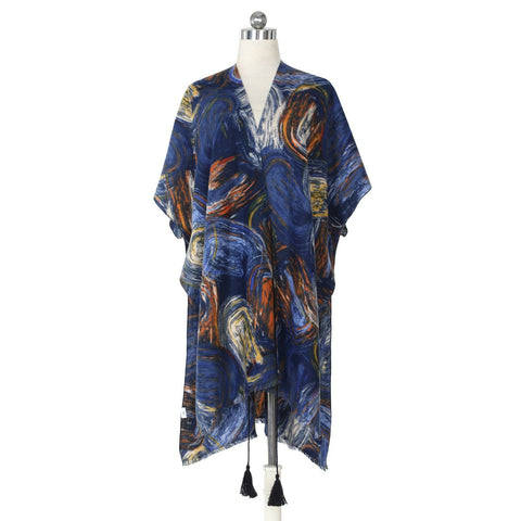 Blue Multicolour Swirl Pattern Soft Touch Kimono