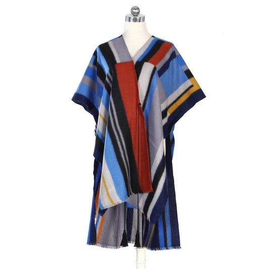 Blue Multicolour Stripes Mix Wool Kimono