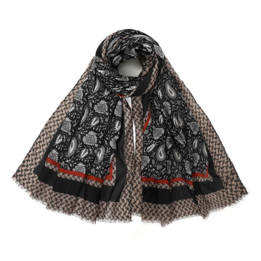 Paisley Pattern Scarf with Border - Black