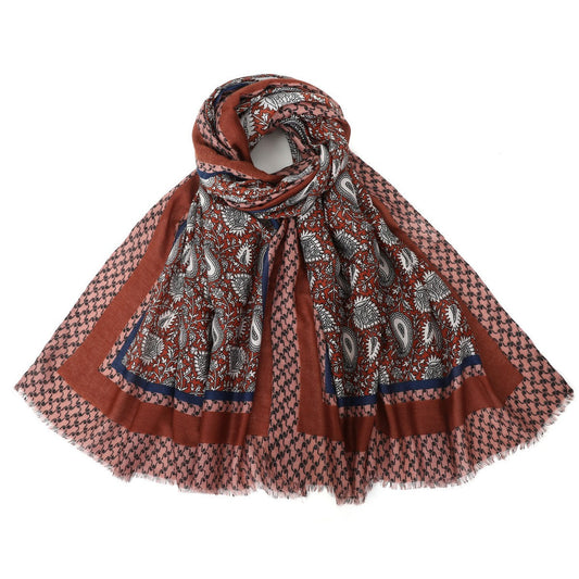 Paisley Pattern Scarf with Border - Red