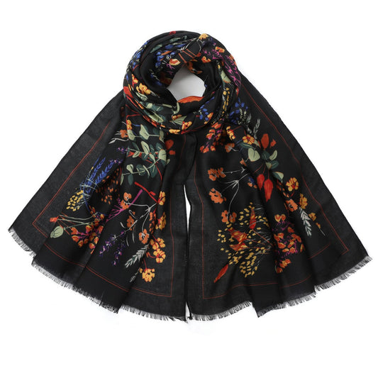 Botanical Floral Print Scarf - Black
