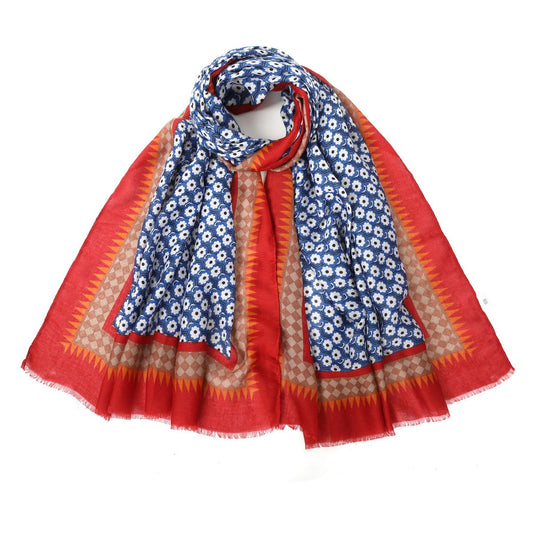 Daisy Pattern Scarf with Border - Red