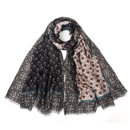 Mix Pattern Cotton Blend Scarf - Black