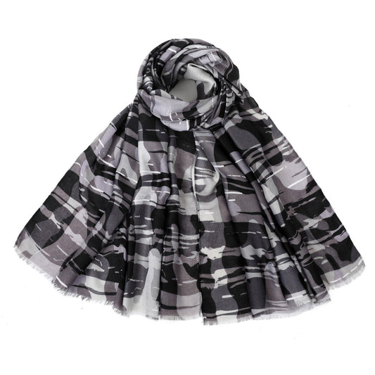 Black Camo Print Mixed Cotton Scarf