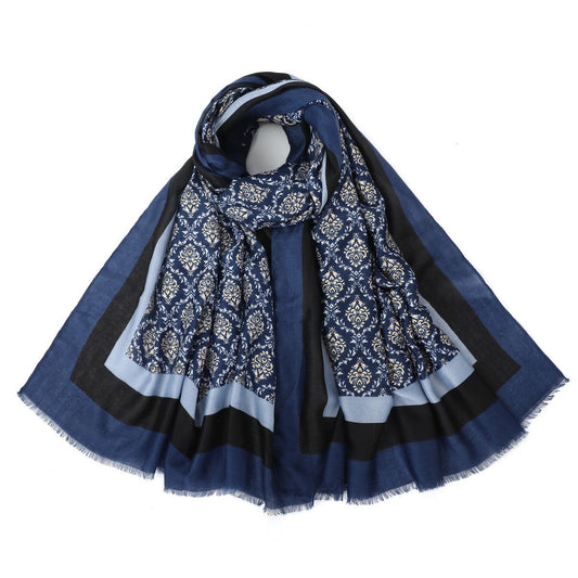 Blue Damask Pattern Mixed Cotton Scarf