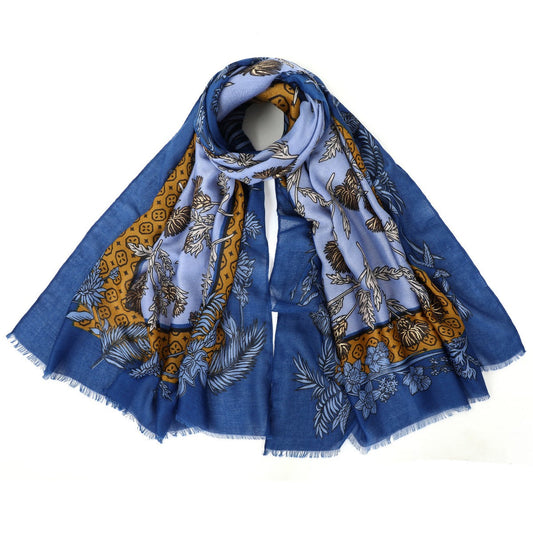 Blue Mixed Cotton Floral Print Scarf