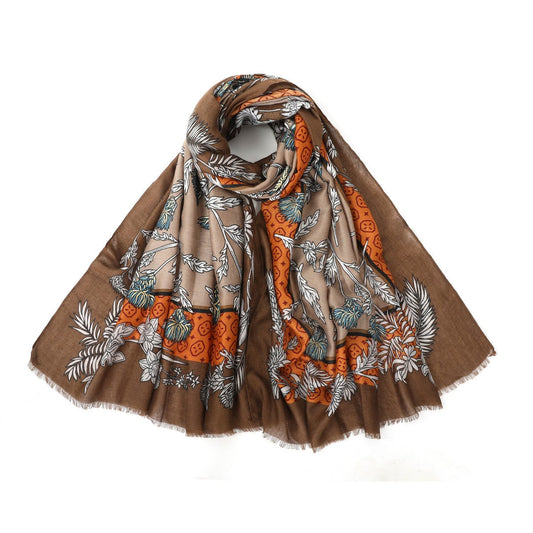 Khaki Mixed Cotton Floral Print Scarf