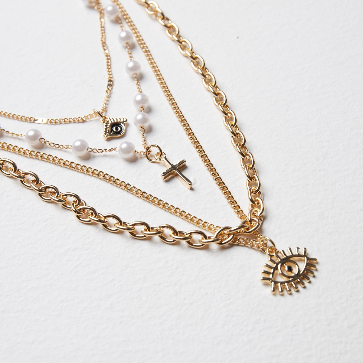 Gold Tone Layered Chain Necklace with Textured Discs