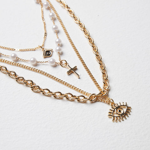 Gold Tone Layered Chain Necklace with Textured Discs