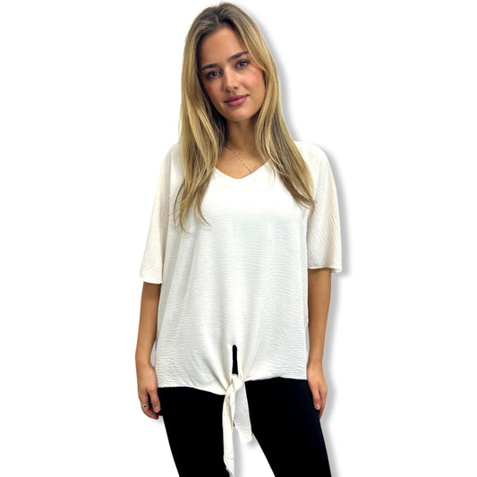 Ivory Soft-Knit Tie Blouse