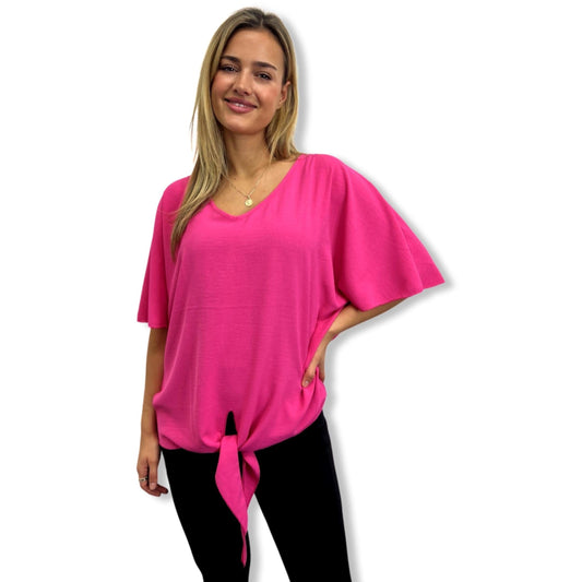 Fuchsia Flutter-Sleeve Tie Top
