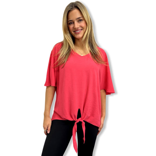 Coral Relaxed Tie-Hem Blouse
