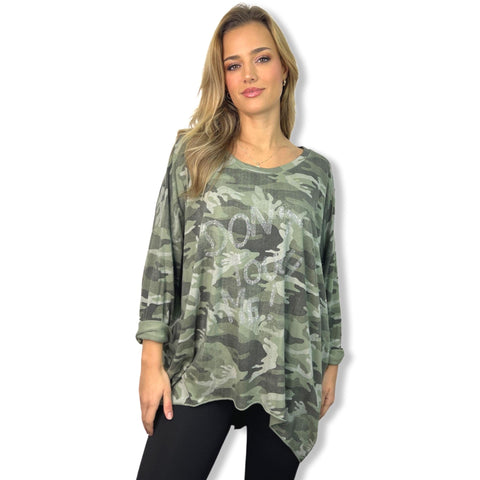Cotton Oversized Camo Dress Shirt with Diamante