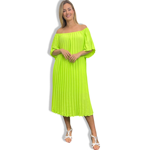 Chartreuse Off-Shoulder Pleated Midi