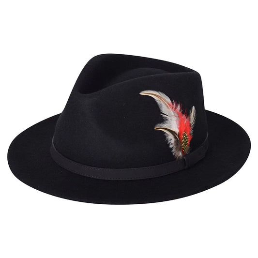 Unisex Black Fedora Hat with Wide Brim & Feather