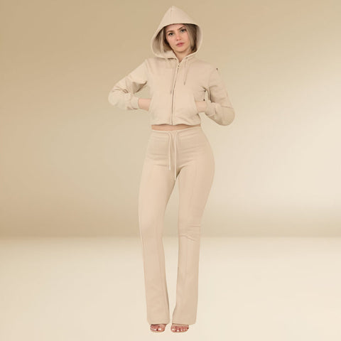 Dove Grey Cropped Hoodie & Bell Bottom Trouser Set – Chic & Comfy Loungewear