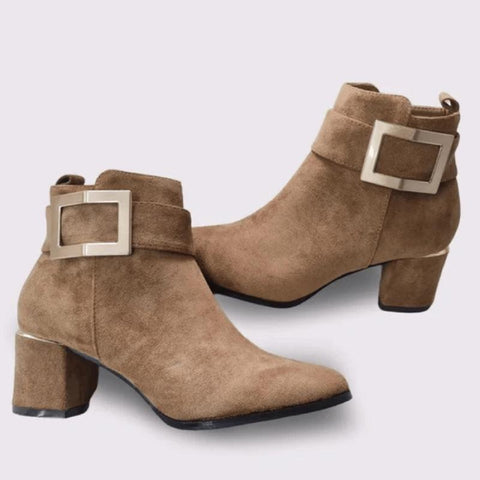 Suede Side Buckle Block Heel Ankle Boots – Chic & Versatile for Autumn-Winter