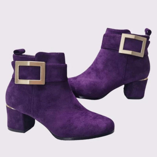 Suede Side Buckle Block Heel Ankle Boots – Chic & Versatile for Autumn-Winter
