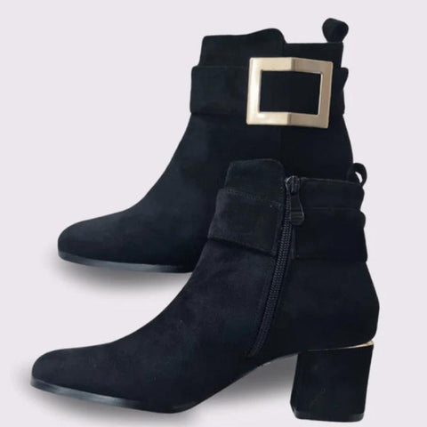 Suede Side Buckle Block Heel Ankle Boots – Chic & Versatile for Autumn-Winter