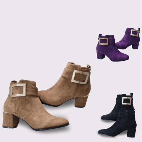 Suede Side Buckle Block Heel Ankle Boots – Chic & Versatile for Autumn-Winter