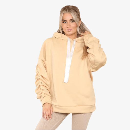Ladies Ruched Sleeve Oversized Hoodie with Ribbon