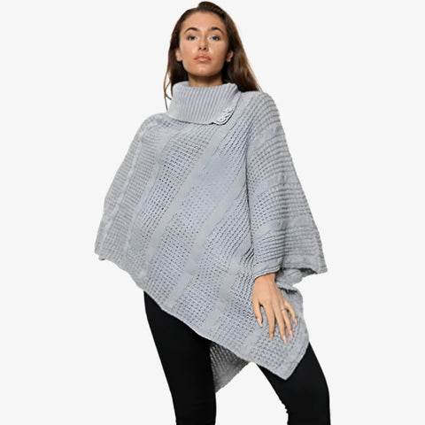 New Ladies 3 Button Knitted Cable Poncho Scarf Winter Jumper