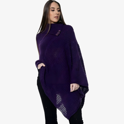 New Ladies 3 Button Knitted Cable Poncho Scarf Winter Jumper