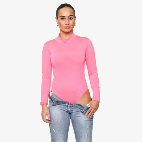 Elegant High Polo Neck Stretch Bodysuit Tee