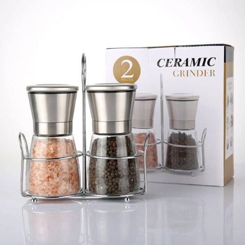 Stainless Steel Manual Salt & Pepper Grinder Set with Glass Bottles & Shelf