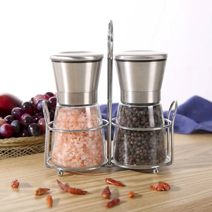 Stainless Steel Manual Salt & Pepper Grinder Set with Glass Bottles & Shelf