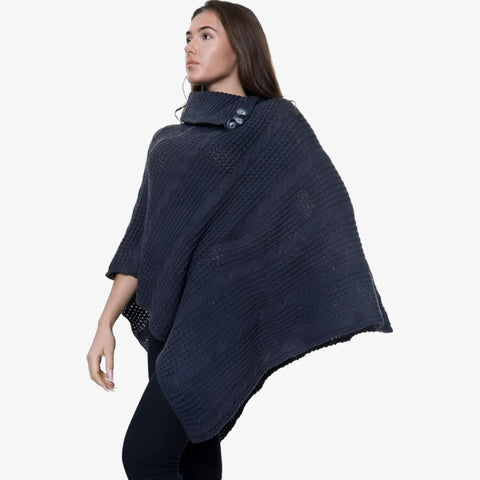 New Ladies 3 Button Knitted Cable Poncho Scarf Winter Jumper