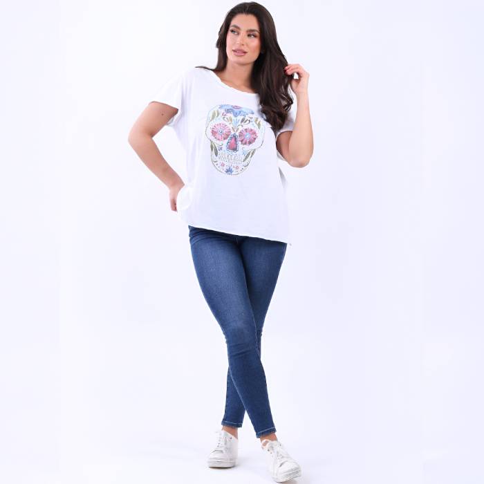 Made In Italy Ladies Cotton Lagenlook Sugar Skull T-Shirt