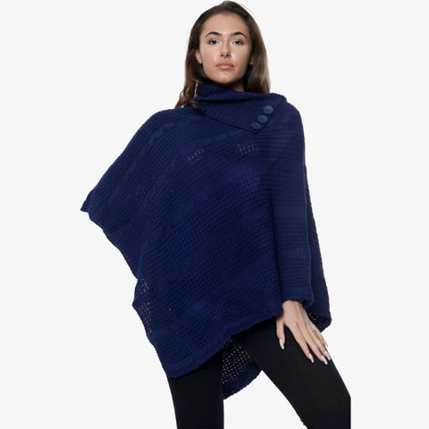 New Ladies 3 Button Knitted Cable Poncho Scarf Winter Jumper