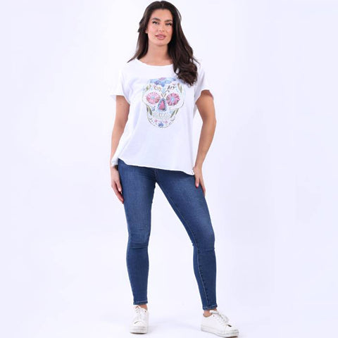 Made In Italy Ladies Cotton Lagenlook Sugar Skull T-Shirt