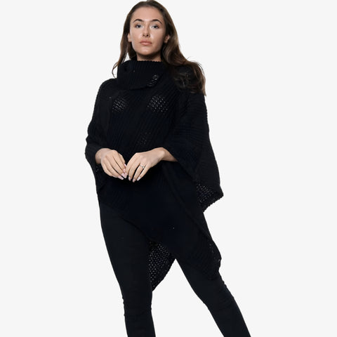 New Ladies 3 Button Knitted Cable Poncho Scarf Winter Jumper