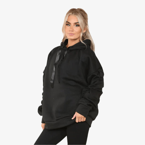 Ladies Ruched Sleeve Oversized Hoodie with Ribbon