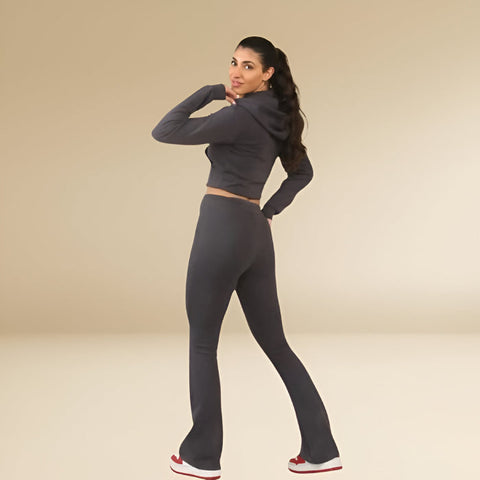 Dove Grey Cropped Hoodie & Bell Bottom Trouser Set – Chic & Comfy Loungewear