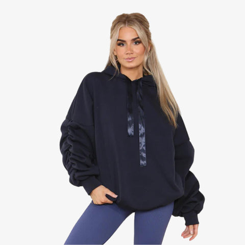 Ladies Ruched Sleeve Oversized Hoodie with Ribbon