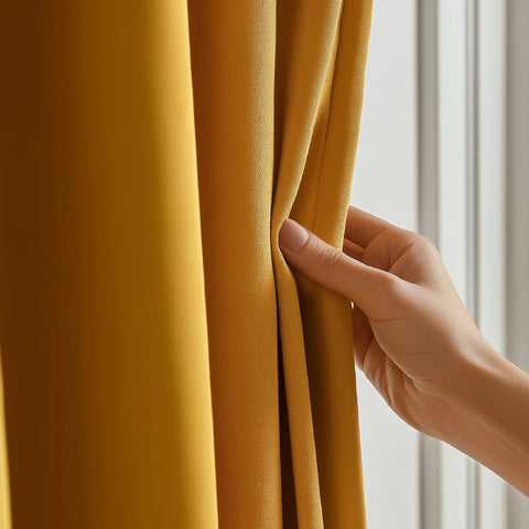 Ochre Yellow Blackout curtains  Eyelet Ready Made Pair & 2 Tie Backs