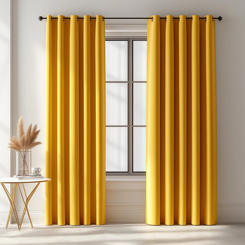Ochre Yellow Blackout curtains  Eyelet Ready Made Pair & 2 Tie Backs