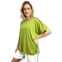 Lime Ribbed Button-Shoulder Top