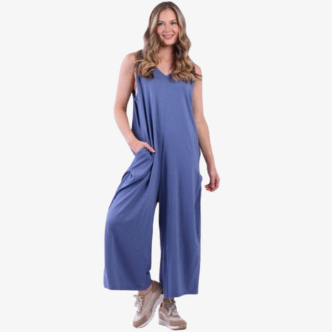 Plus Size Sleeveless V-Neck Solid Cotton Jumpsuit